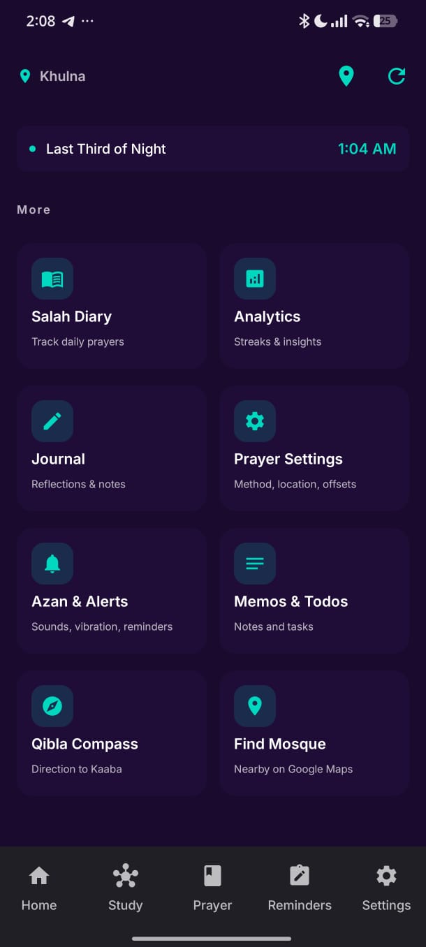 Prayer options screen: calculation methods, madhab and per-prayer alert settings