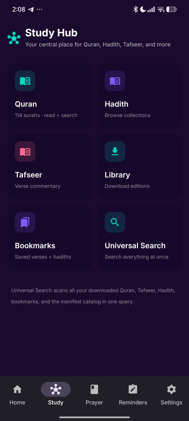 Study screen with stacked Quran editions, translation and tafseer